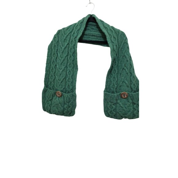Aran Wollen Mills Green Scarf Fisherma Pockets & Buttons 100% Merino Wool Knit - Picture 1 of 6